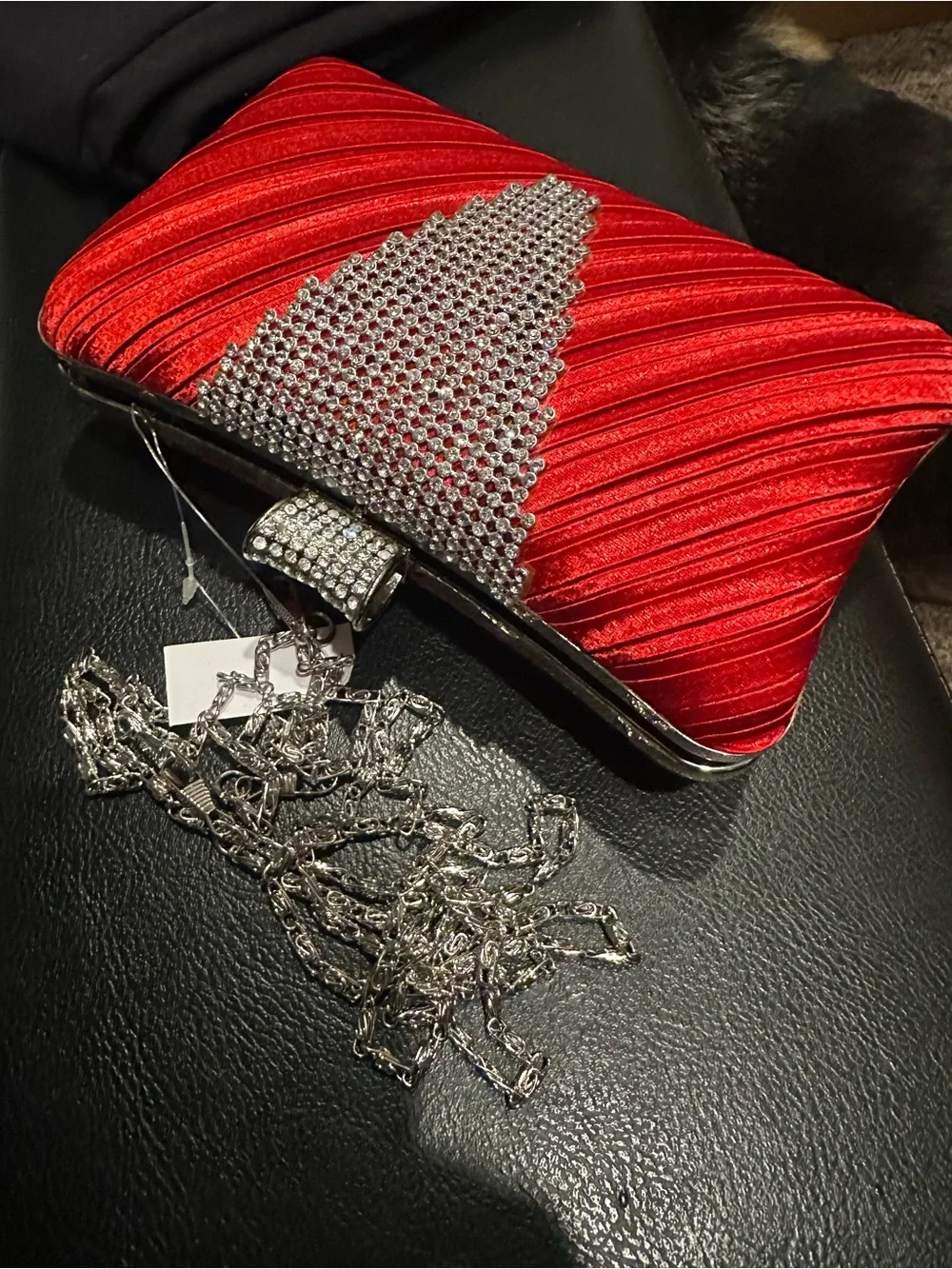 Red Satin Rhinestone Evening Clutch